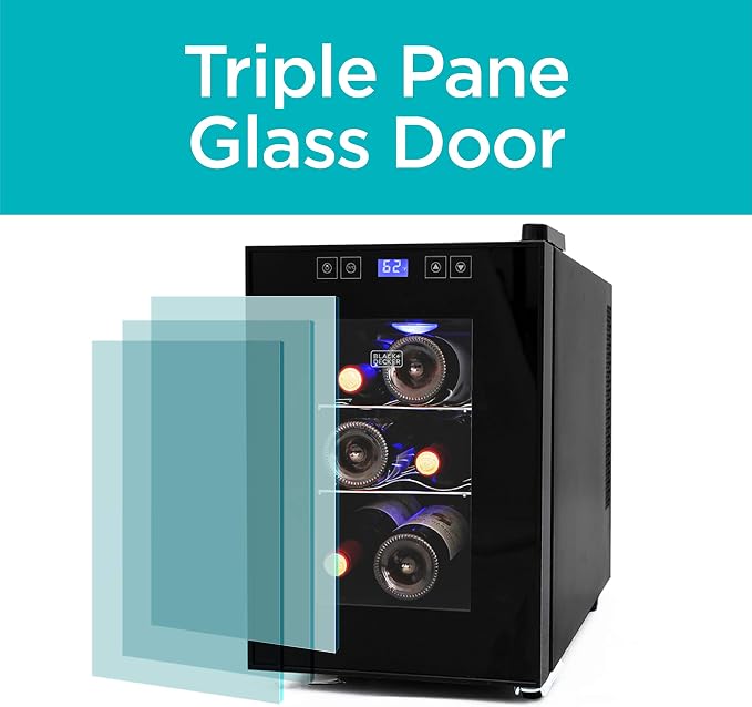 BLACK+DECKER 6-Bottle Thermoelectric Wine Cellar, BD60016, Black | Countertop Mini Fridge with Triple Pane Clear Glass Door, Bar Cabinet with LED Display, Slide-Out Chrome Racks - Image 2