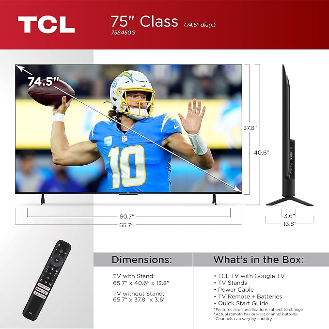 TCL 75-Inch Class S4 4K LED Smart TV with Google TV (75S450G, 2023 Model), Dolby Vision, HDR Pro, Dolby Atmos, Google Assistant Built-in with Voice Remote, Works with Alexa, Streaming UHD Television - Image 3