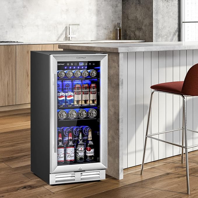 COSTWAY 15 Inch Beverage Cooler Refrigerator - 3.5 Cu.ft Mini Fridge with Glass Door, Lock and Removable Shelves for Soda Beer Wine, Freestanding Small Drink Refrigerator for Home Office Bar - Image 9