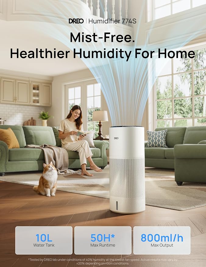 DREO Smart Evaporative Humidifier Large Room up to 1000ft², 800ml/h High Output Air Humidifiers for Bedroom, 10L, 50H Long Runtime with Precise Humidification for Plants, Home, Office, White, HHM774S - Image 2