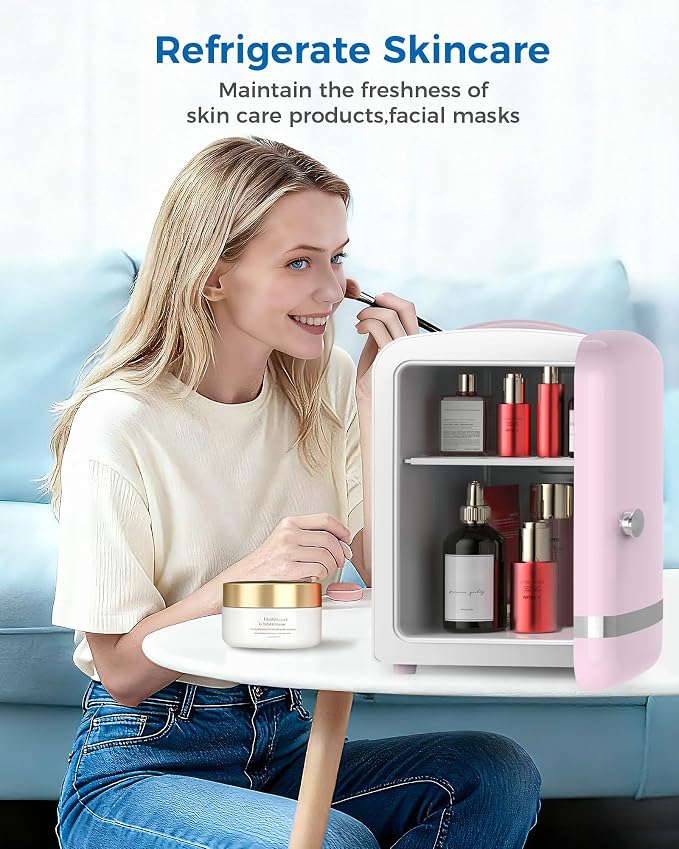 Electactic Mini Fridge for Skincare, 4L/6 Cans Portable Compact Cosmetic Fridge, Retro Desktop Fridge with AC/DC Adapters, Small Cooler and Warmer for Beverage, Makeup, Bedroom, Office, Kids, Pink - Image 8