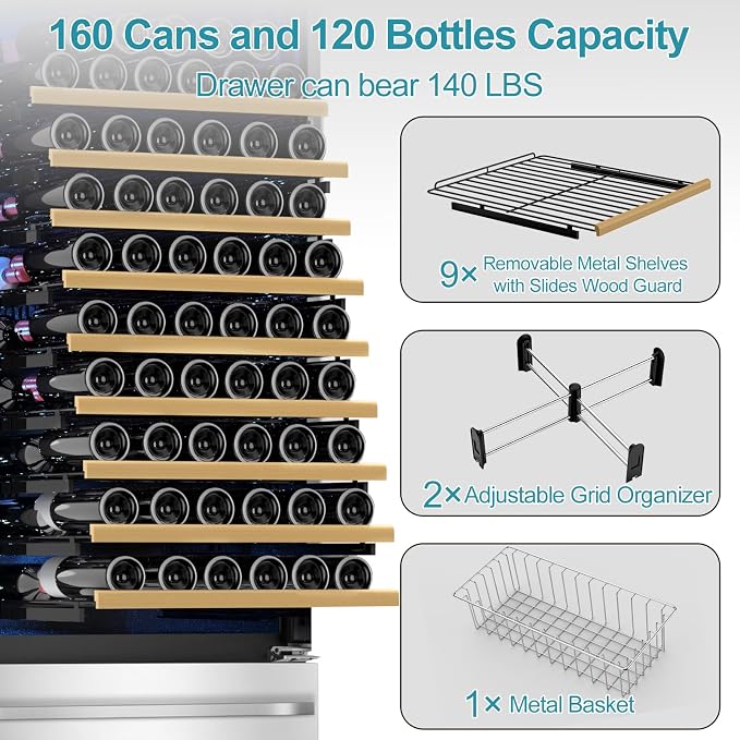 Wine and Beverage Refrigerator, 24'' Dual Zone Wine Fridge with Dual Drawers, Holds 160 Cans and 120 Bottles, Reversible Door, Built-In or Freestanding, Beverage Fridge for Home or Commercial - Image 6