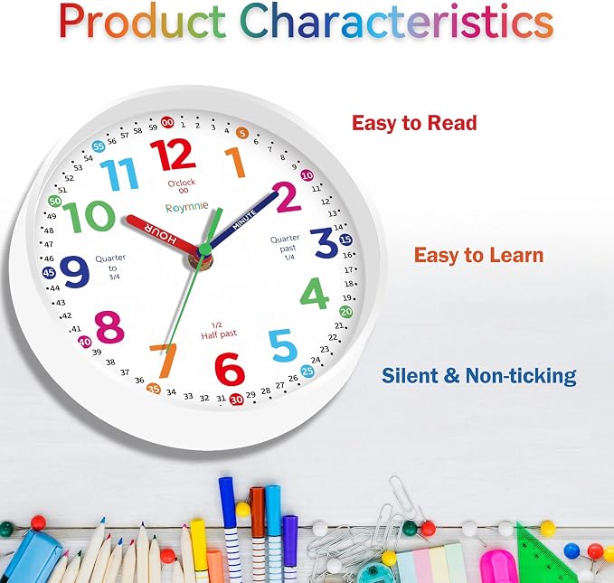 Roymnie14 Inch Wall Clock for Kids Learning to Tell Time Large Analog Silent - Image 6