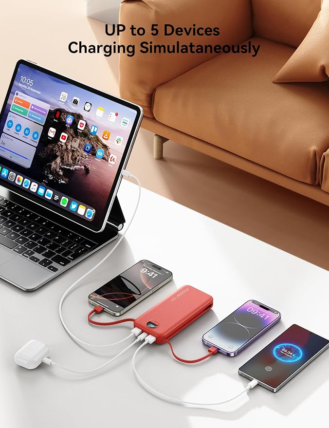 10000mAh Ultra-Portable-Charger-Power-Bank with Built in Cables&AC Wall Plug, PD20W USB-C Fast Charging Cell Phone Charger Battery Pack,LED Display Travel Battery Bank for All iPhone,Samsung,Android - Image 4