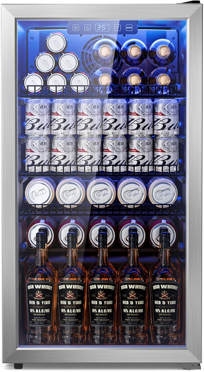 3.2 Cuft Beverage Fridge, 130 Can Mini Fridge With Glass Door, Silver | Adjustable Shelves for Wine & Beer, Digital Temp Display, Freestanding for Home & Office, Quiet Compressor Cooling by Tehanld