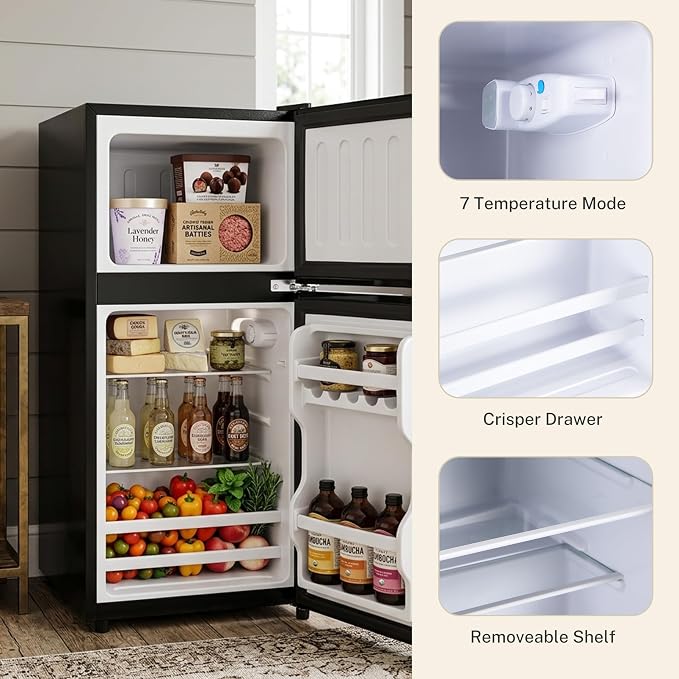 3.2 Cu.Ft Mini Fridge with Freezer, 2 Door Small Refrigerator with Adjustable Thermostat Energy-efficient Low Noise, Compact Fridge for Bedroom, Office, Dorm, Matte Black - Image 4