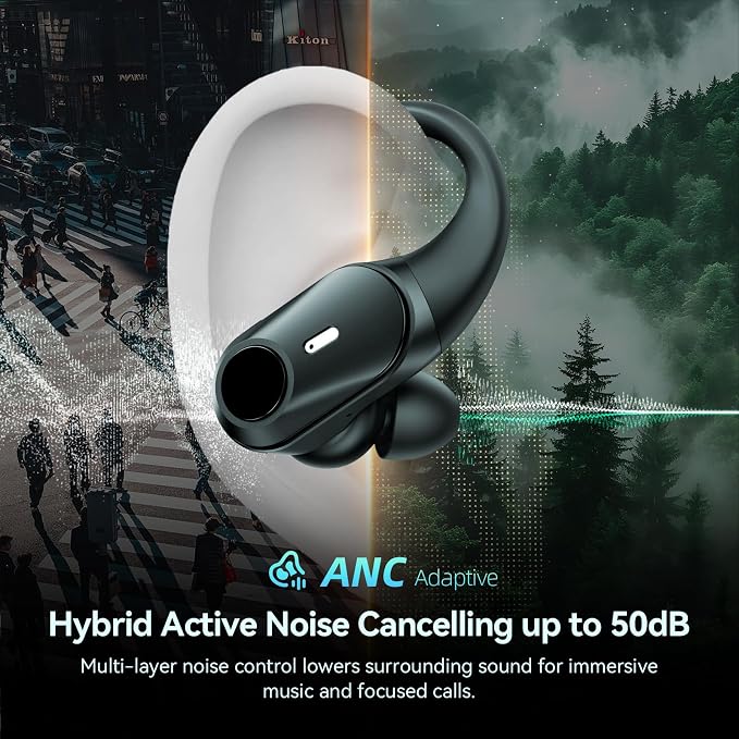 Active Noise Cancelling Ear Buds Wireless Earbuds 80H Playtime Bluetooth Headphones with LED Display Case, Hi-Res Audio Clear Calls Earphones with Over Ear Hooks for Running Gym Workout Travel Black - Image 2