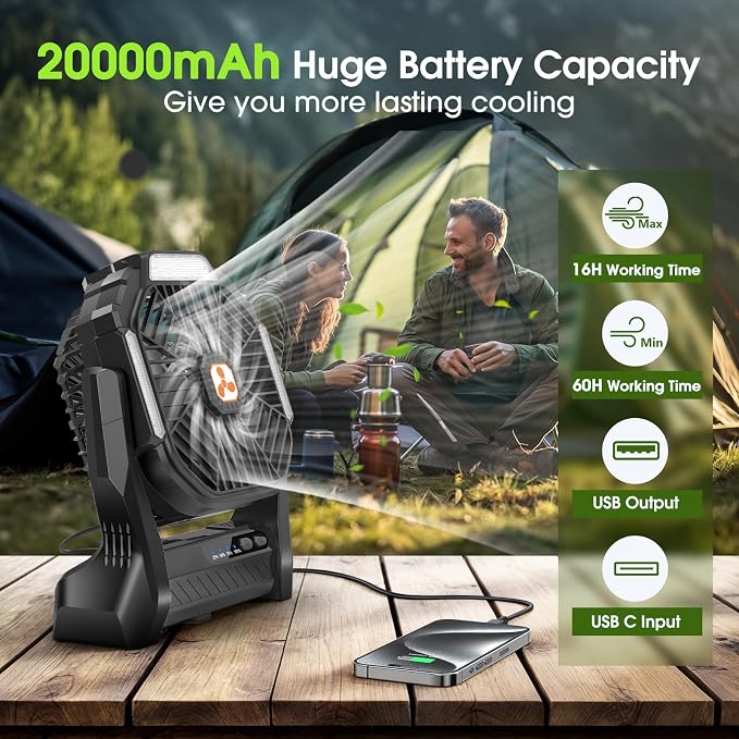 Portable Rechargeable Fan, 20000mAh Cordless Battery Powered Camping Tent Fans with LED Lantern, Small USB C Operated Outdoor Ventilador for Travel Camp Fishing Picnic Beach Office Home Essentials - Image 2