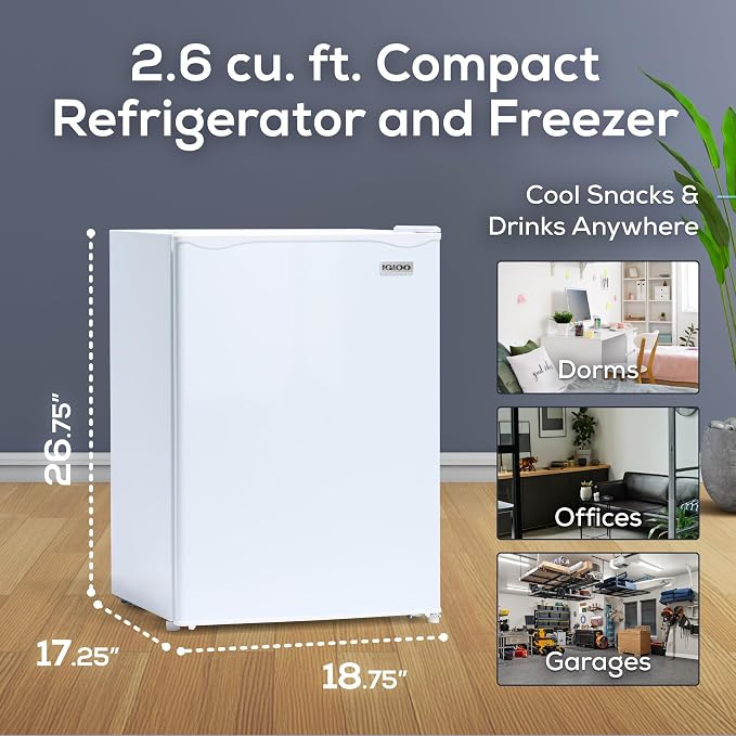 Igloo 2.6 Cu.Ft Mini Fridge with Freezer- Single Door Compact Refrigerator with Glass Shelves for Homes, Dorms & Offices- Keep Snacks, Drinks & Frozen Foods Cool with Temperature Control Fridge- White - Image 2