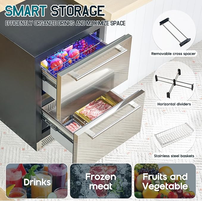 Albott 24 Inch Under Counter Drawer Fridge, Dual-Zone Beverage Refrigerator | Stainless Steel Design, LED Touch Control, Adjustable Storage, Frost-Free, Low Noise, 34℉-68℉, -0.4℉ to 32℉ - Image 5