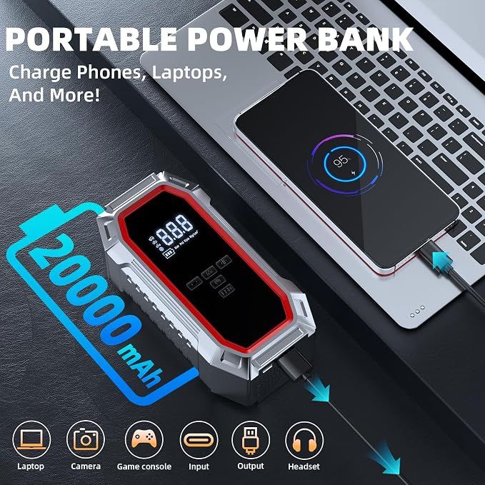 Jump Starter with Air Compressor, 5000A Peak Car Battery Jump Starter(9.0 Gas/8.0L Diesel), 160PSI 12V Jump Box Car Battery Jumper Starter Portable with Smart Jumper Cables, LED Lights, LCD Display - Image 4