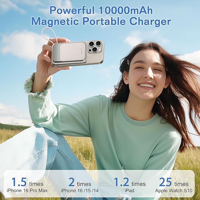 Magnetic Power Bank 10000mAh, Wireless Portable Charger with 15W Max Fast Charging & Built-in USB-C Cable, 22.5W PD LED Display Battery Pack Compatible with iPhone 17/16/15, Samsung Galaxy(white) - Image 3