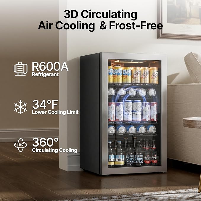 Ca'Lefort 130 Cans Mini Fridge, Beverage Refrigerator Cooler for Drink/Beer | 3.35 Cu.ft, Low-noise, Reversible Glass Door, 3-Color LED Lighting, Adjustable Shelves, 34℉ to 54℉ | Home Dorm Office Kitchen - Image 4