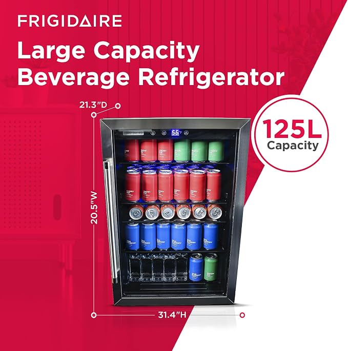 Frigidaire Beverage Refrigerator, Fridge with Glass Door, Compact Mini Fridge with Digital Temperature Control, Fits 115 Cans or 34 Bottles, 96L Capacity - 19.1" D x 17.5" W x 31.2" H - Image 3