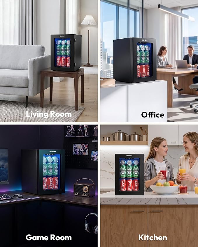 EUHOMY 18L Beverage Refrigerator Cooler, 24 Cans Mini Fridge with Quiet Compressor, Countertop Small Fridge with 40°F-61°F Digital Temperature Control, LED Lgiht for Home, Bar, Office - Image 8