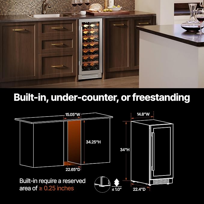 Ca'Lefort 15 Inch Wine Fridge, 33 Bottles Under Counter Wine Cooler | 40-65°F Touch Control, Dual-Pane Glass Door, Adjustable Shelves, 3 Color LED, Built-In or Under Counter for Home Bar Kitchen - Image 6