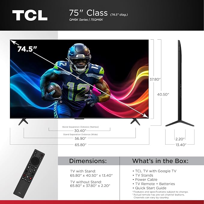 TCL 75 Inch Class QM6K Series | Mini LED QLED 4K HDR | 75QM6K, Latest Model | 120HZ-144HZ High Brightness Smart Google TV Dolby Atmos Onkyo Audio | Voice Remote Alexa Gaming Streaming Television - Image 2