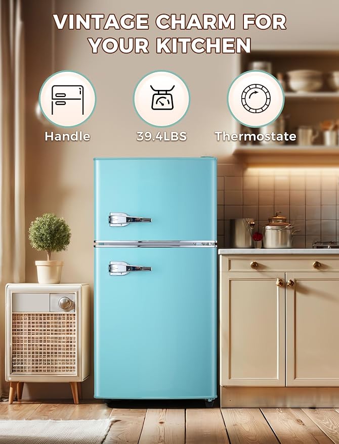 Anypro 3.2 Cu.Ft Refrigerator, Retro Double Door Fridge with Freezer, 7 Adjustable Temperature Settings, Removable Glass Shelves for Dorm, Office, Bedroom, Apartment, Blue - Image 2