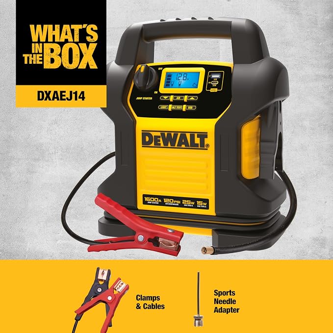 DEWALT DXAEJ14 Digital Portable Power Station Jump Starter - 1600 Peak Amps with 120 PSI Compressor for Tires, Sports Equipment & Bikes, 15W USB-A and 25W USB-C Power - Image 2