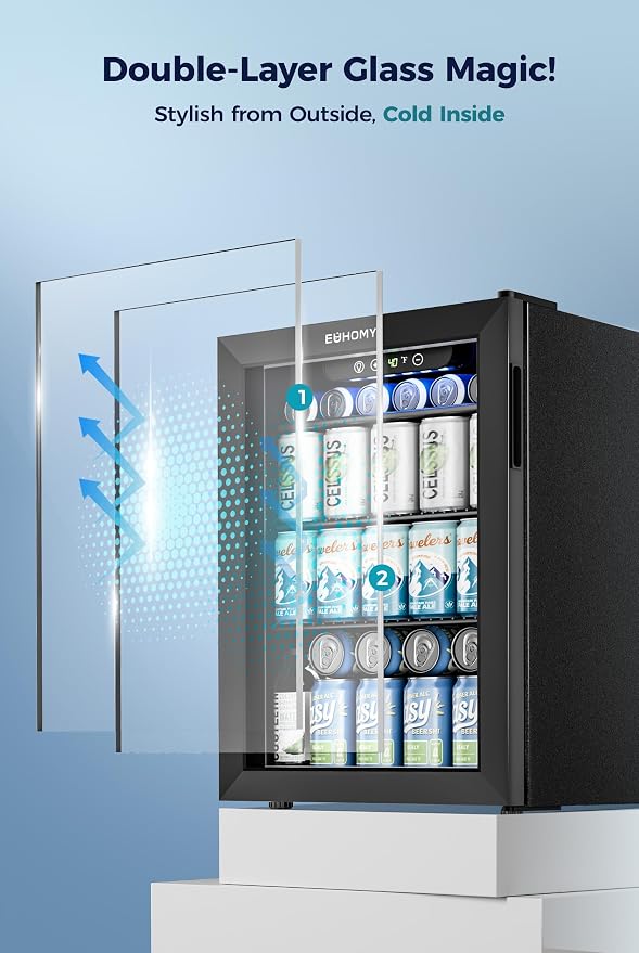EUHOMY 100 Can Beverage Refrigerator cooler-Mini Fridge Glass Door for Beer Drinks Wines, Freestanding Beverage Fridge with Adjustable Shelves Blue LED for Home/Office/Dorm/Bar, 2.7 cu.ft - Image 6
