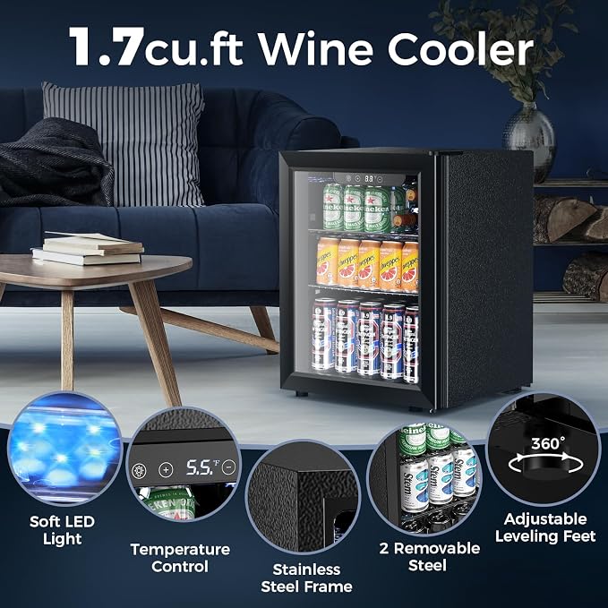 Electactic 68 Cans Beverage Refrigerator Cooler, 1.7 cu.ft Mini Fridge Glass Door Drink Cooler for Beer, Soda,Wine, Digital Temperature Control for Home Office Bar - Image 6