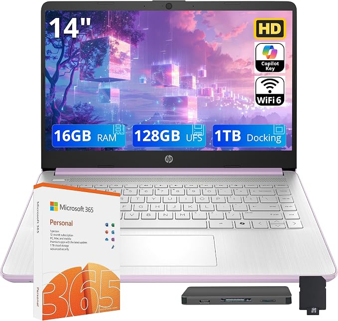 HP Stream 14" HD Student & Business Laptop, Intel Processor N150, 16GB RAM, 1.12TB Storage (128GB UFS + 1TB Docking Station), Intel Graphics, 1 Year Office 365, Wi-Fi 6, Win 11, Purple by HP