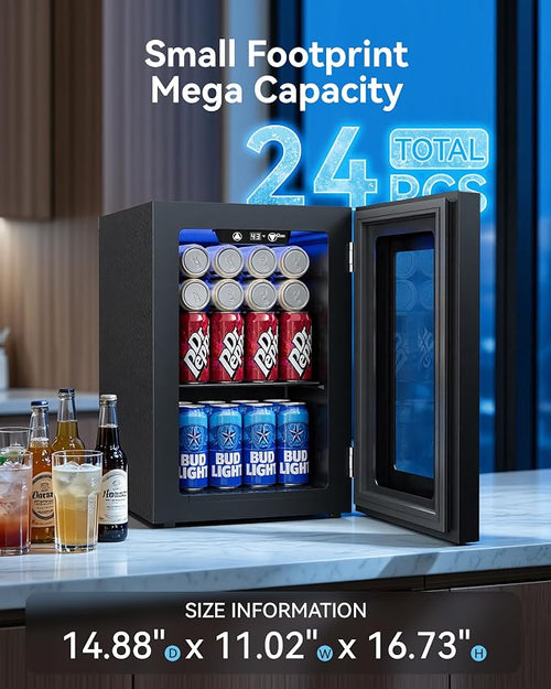 0.6 Cu.ft Beverage Cooler, Compressor Glass Door Mini Fridge 40-61°F Black | Freestanding for Office & Bedroom, Quiet Compressor, Low Energy Use, Holds Soda, Beer & Canned Drinks - Image 2