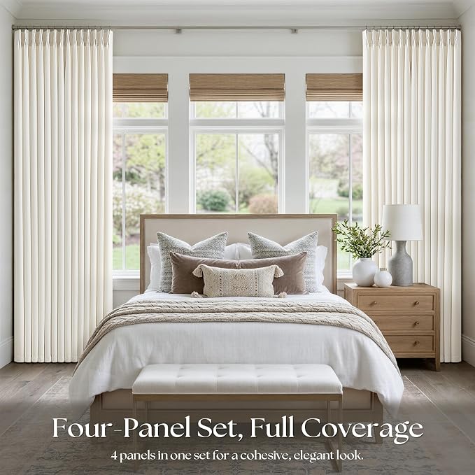 Linen Pinch Pleated Semi Sheer Curtains 90 Inches Long 4 Panels Set, Natural - Image 7