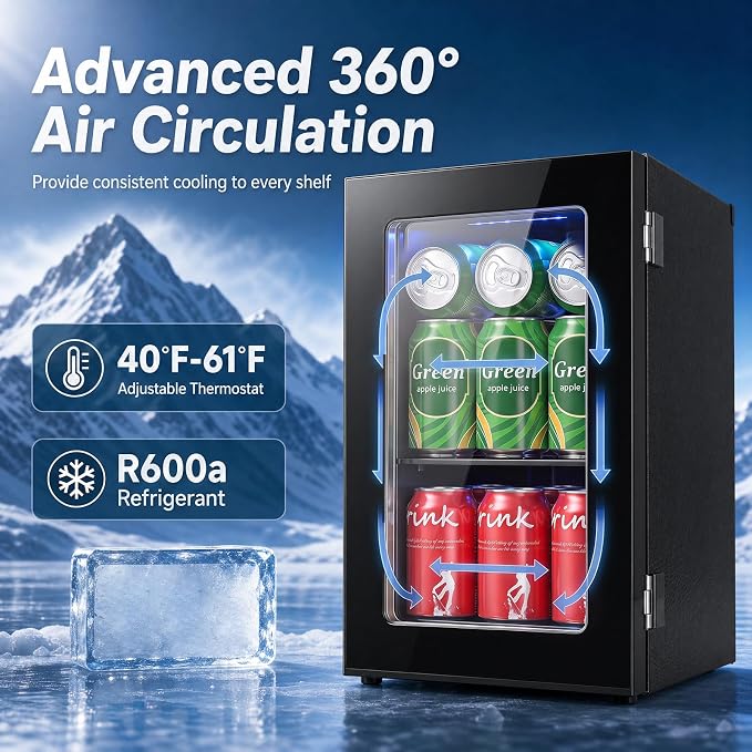 COSTWAY 24 Cans Beverage Refrigerator, 18L/0.6 Cu.Ft Countertop Mini Fridge | Quiet Drink Cooler with Touch Panel, 40-61℉ Thermostat, Tri-Layer Insulated Door and Blue LED Lights for Home Office & Bar - Image 7