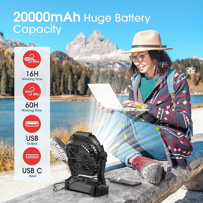 ONLYNEW Portable Fan Rechargeable, 20000mAh Cordless Battery Powered Fan with LED Lantern, USB C Battery Operated for Camping Travel Bedroom Home Tent Office Beach Desk Fishing Table - Image 2