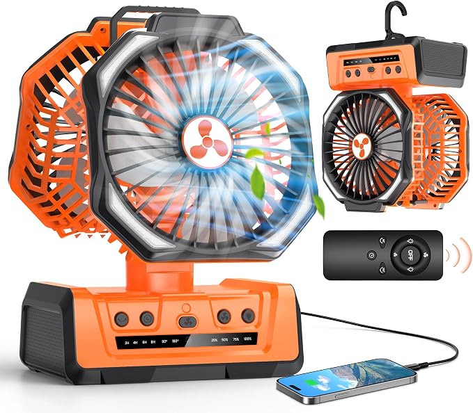 Dual Head Portable Rechargeable Fan 20000mAh Battery Powered Camping Fan Cordless with LED Lantern & Remote, Auto Oscillation, Hook, Battery Operated for Tent Office Travel Picnic Jobsite Orange by OnlyNewforYourLife