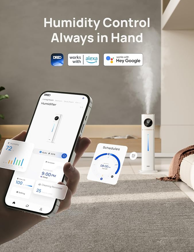 DREO HM735S 11L Smart Humidifier Large Room 700 ft², 100H Cool Mist Air Humidifiers for Bedroom, Top-Fill, Clean Tank Technology, 26dB, Auto Mode, Aroma Box, RGB, Remote & APP Control, Baby, White - Image 4