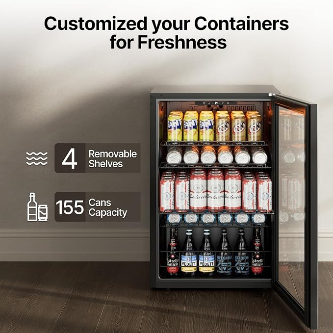 Ca'Lefort 155 Cans Mini Fridge, Beverage Refrigerator Cooler for Drink/Beer | 4.59 Cu.ft, Low-noise, Reversible Glass Door, 3-Color LED Lighting, Adjustable Shelves, 34℉ to 54℉ | Home Dorm Office Kitchen - Image 5