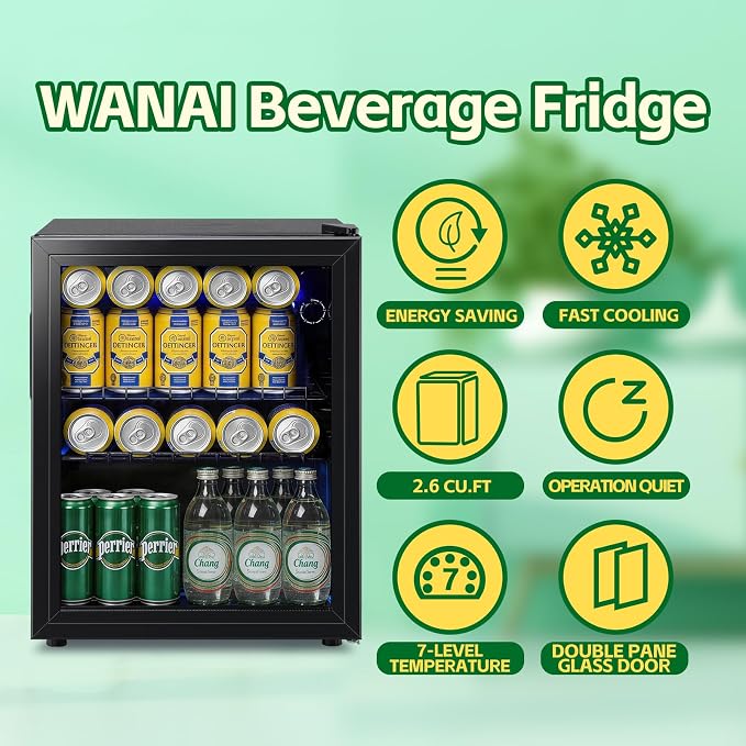 Beverage Refrigerator Cooler 2.6 Cu.Ft 85 Can Mini Small Fridge Black | Large Capacity with Glass Door, LED Light & Adjustable Shelves for Soda Beer Wine, Perfect for Home Bar Office - Image 2