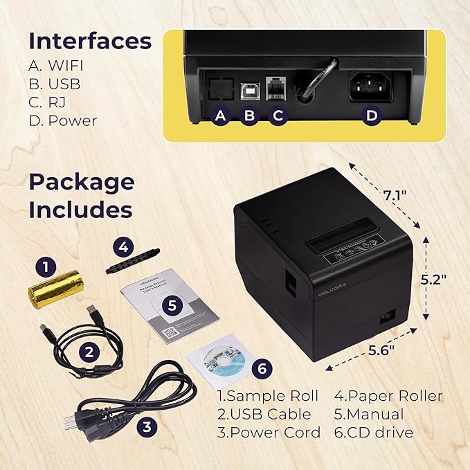 Volcora Thermal Receipt Printer, 80mm POS Printer w/Auto Cutter, USB/WiFi - Image 5