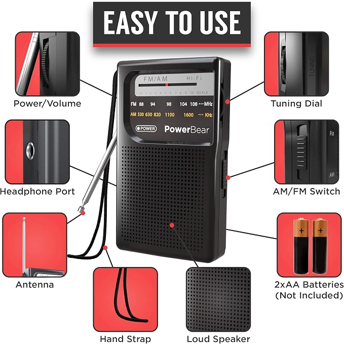 PowerBear Portable Radio | AM/FM, 2AA Battery Operated with Long Range Reception for Indoor, Outdoor & Emergency Use | Radio with Speaker & Headphone Jack (Black) - Image 3