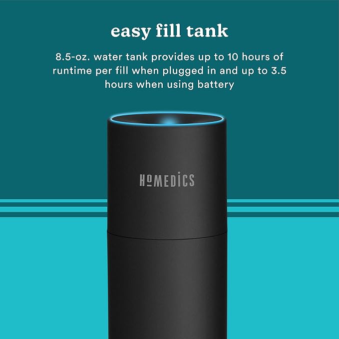 Homedics Portable Humidifier - Small Air Humidifiers for Bedroom, Plants, Office, Travel - Cool Mist Humidifiers, Color-Changing Accent Light, 2 Mist Settings, Black - Image 3