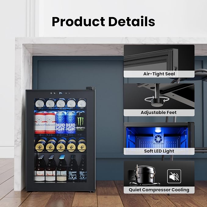 Yeego Beverage Refrigerator Drink Cooler, 85 Cans Mini Fridge Glass Door | Soda Wine Beer Cooler, 34°F To 54°F Temperature Control, for Home Office Bar, Adjustable Shelves,Freestanding, Black - Image 6