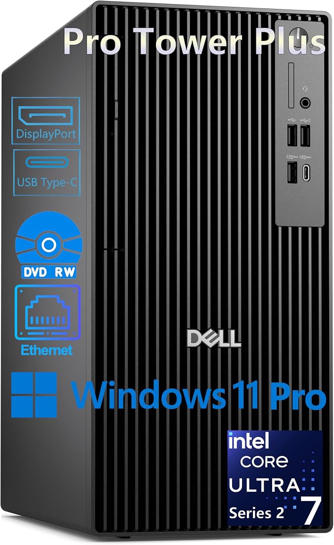 Dell Pro Tower Plus Core Ultra 7 265 32GB DDR5 2TB SSD Desktop Computer PC | AI-Ready, Intel 20-Core 13 TOPS NPU, DVD-RW, 3 DisplayPorts, 2 USB-C, Windows 11 Pro, Business Home Office by Dell