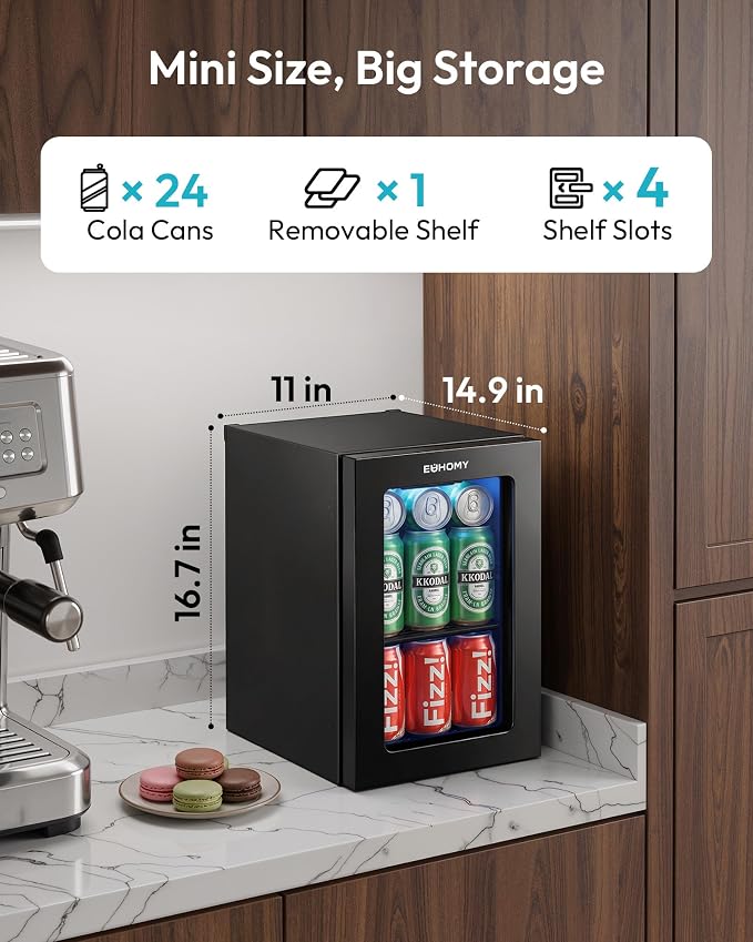 EUHOMY 18L Beverage Refrigerator Cooler, 24 Cans Mini Fridge with Quiet Compressor, Countertop Small Fridge with 40°F-61°F Digital Temperature Control, LED Lgiht for Home, Bar, Office - Image 3