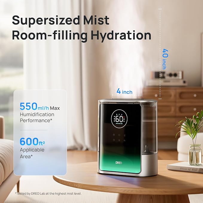 DREO 8L Smart Humidifier Large Room 600ft², HM717S, 80H Runtime Supersized Warm and Cool Mist Humidifiers for Bedroom Baby, 28dB Quiet Air Humidifier for Plants Indoor, Home, Whole House, Silver - Image 3