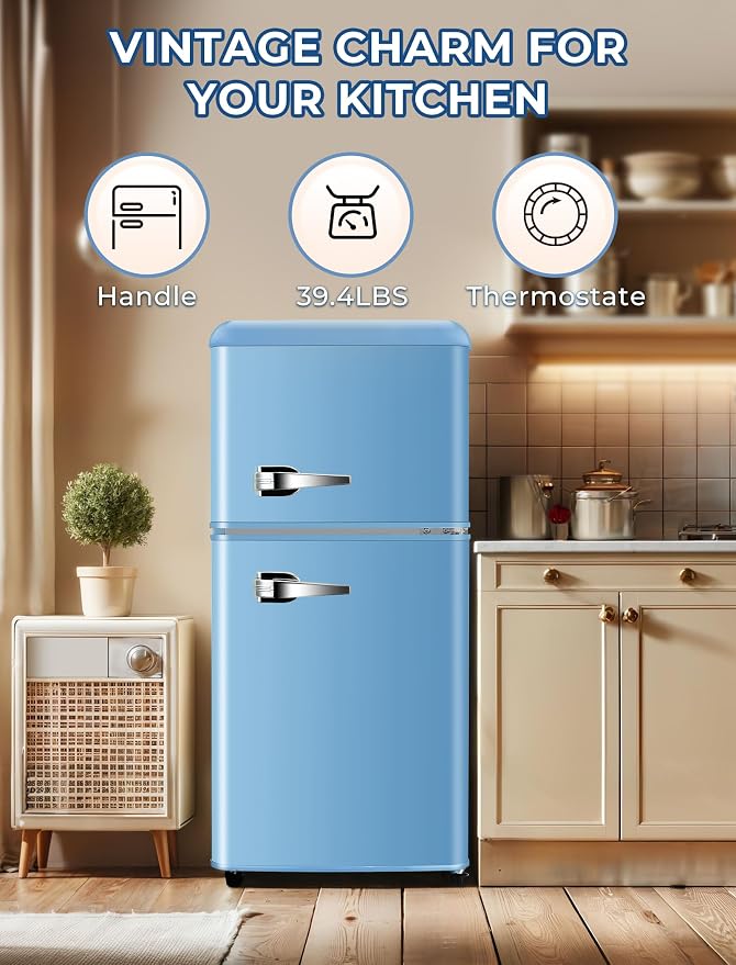 Anypro 3.2 Cu.Ft Refrigerator, Retro Double Door Fridge with Freezer, 7 Adjustable Temperature Settings, Removable Glass Shelves for Dorm, Office, Bedroom, Apartment, Sky Blue - Image 2