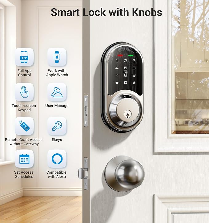 Veise RZ06C Smart Locks for Front Door, 2 Knob Handle Set, Keyless Entry - Image 3