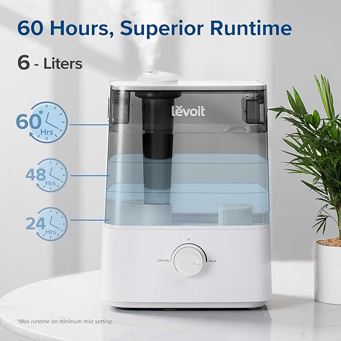 LEVOIT Classic300 Ultrasonic Top Fill Humidifier, Extra Large 6L Tank Last 60-Hour - Super Quiet, Easy to Use and Clean, 360° Rotation Nozzle, Simple Knob Control, Handle, Auto Shut Off, Gray - Image 2