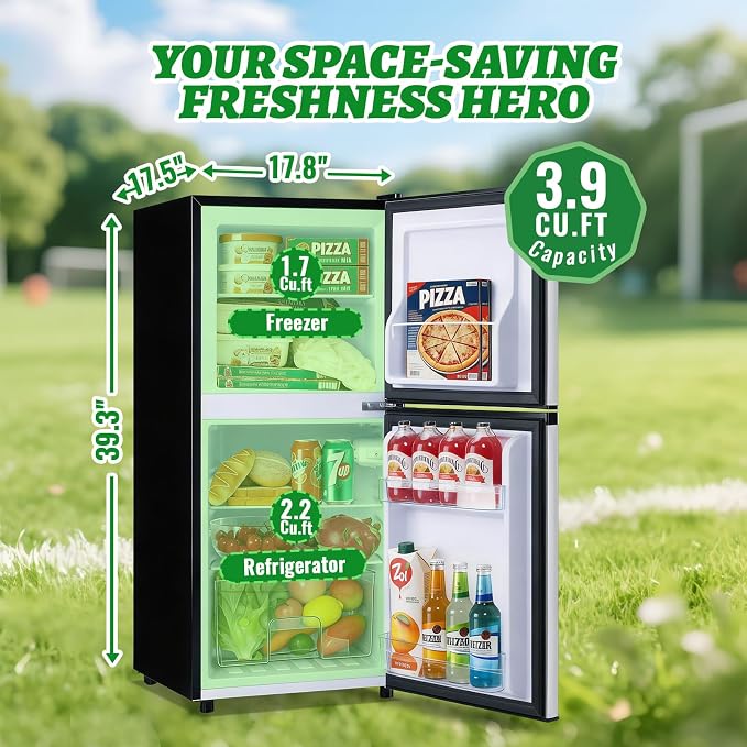 DEMULELR 3.9Cu.ft Refrigerator with Freezer Black Two Door Fridge with Crisper Drawer & Extra Drink Space, LED Light, Full-Size Fridge for Dorm Office 17.5"D x 17"W x 40"H，Silver - Image 6