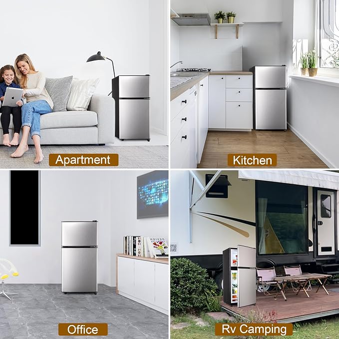 Mini Refrigerator with Freezer 3.5 Cu. Ft. Small Fridge with Freezer Silver | 2 Door Mini Fridge with 7-Level Adjustable Thermostat Removable Shelves, Compact Refrigerator for Office/Dorm/College/RV - Image 7