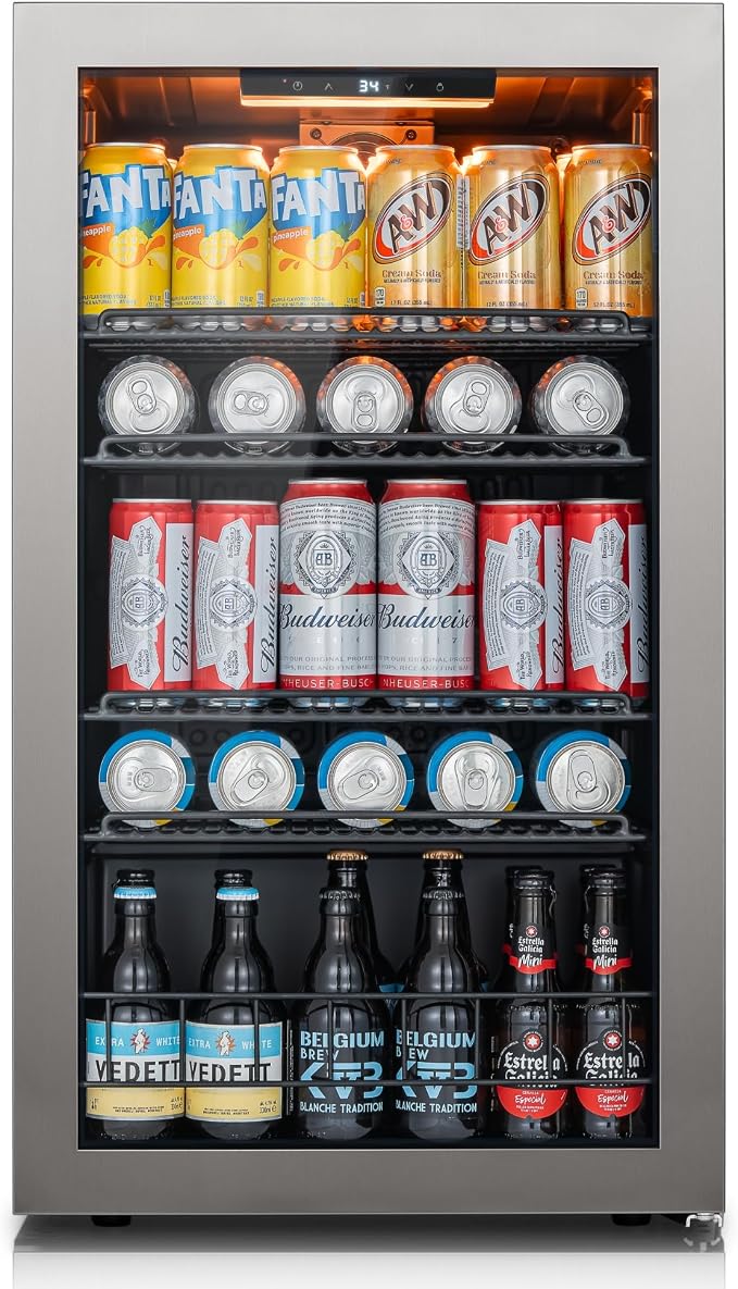 Ca'Lefort 130 Cans Mini Fridge, Beverage Refrigerator Cooler for Drink/Beer | 3.35 Cu.ft, Low-noise, Reversible Glass Door, 3-Color LED Lighting, Adjustable Shelves, 34℉ to 54℉ | Home Dorm Office Kitchen by CaLefort