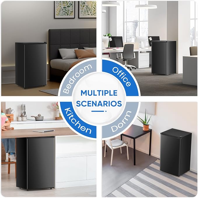 NEWBULIG Mini Fridge with Freezer 3.2 Cu.Ft Small Refrigerator for Office, Dorm, Small Fridge with Adjustable Thermostat, Energy Saving, Singel Door, Black - Image 3