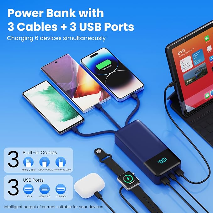 Portable Charger 50800mAh Power Bank with 3 Built in Cables,25W PD QC4.0 Fast Charging USB C Battery Pack,6 Outputs 2 Inputs Travel Essentials Phone Charger for iPhone 17/16/15,Google,Android,Blue - Image 3