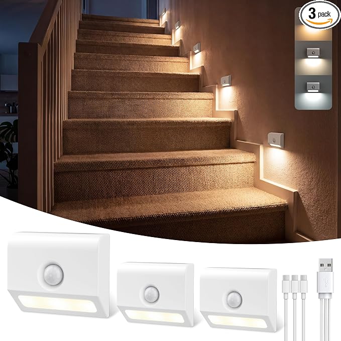 VOLISUN Rechargeable Motion Sensor Night Light, 3 Colors Temperature Stair by VOLISUN